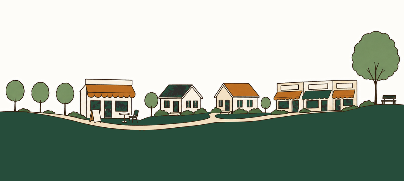 あすみが丘の街並み。並木道とカフェ、低層の家々が並ぶイラスト