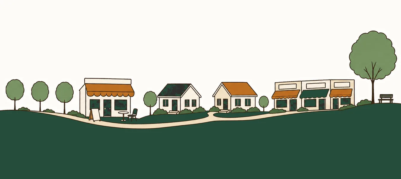 あすみが丘の街並み。並木道とカフェ、低層の家々が並ぶイラスト