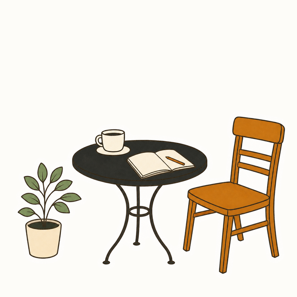 カフェの席。コーヒーと開いたノートのイラスト