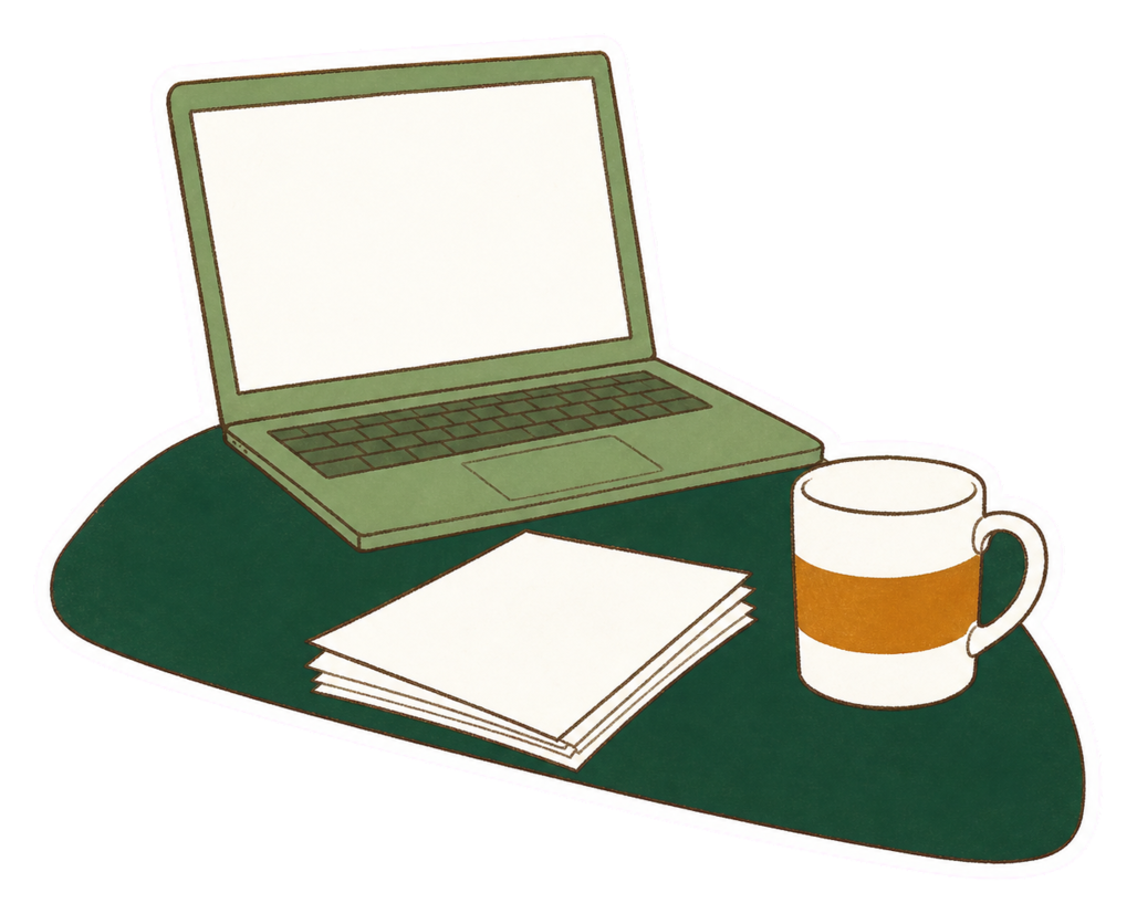 片づいた机の上のパソコンと書類、コーヒーのイラスト