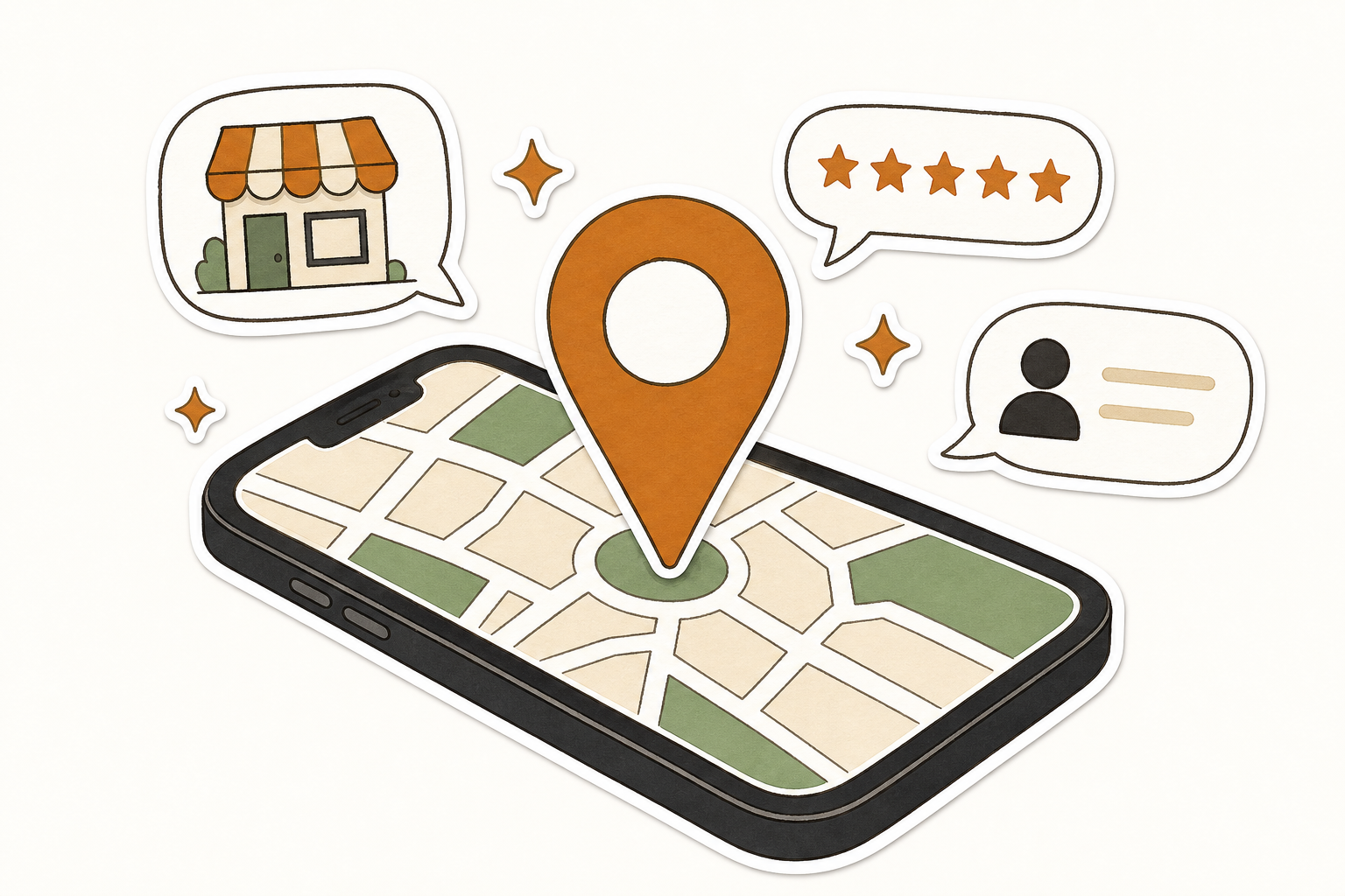 地図が表示されたスマホから大きなピンが立ち上がり、お店や星5つの口コミの吹き出しが浮かぶイラスト