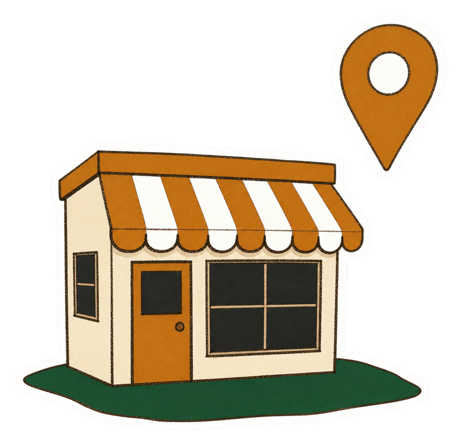 小さなお店の上に地図のピンが浮かぶイラスト